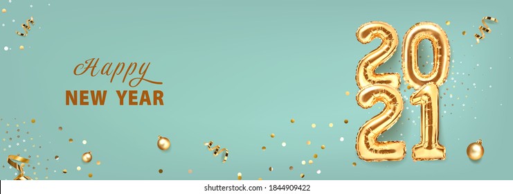 2021 golden decoration holiday on trendy background. Shiny party background. Gold foil balloons numeral 2021 with realistic festive objects, glitter gold confetti and serpentine. Happy new year 