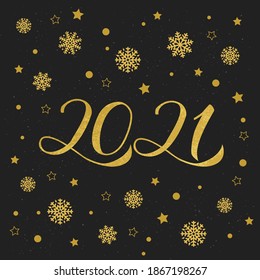 2021 golden handwritten numbers gold snowflakes, stars and dots on black background. Christmas and New Year typography poster. Vector template for greeting card, banner, flyer, etc.