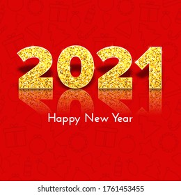 2021 golden numbers with reflection and shadow on red traditional icon background. Holiday gift card Happy New Year. Celebration decor. Vector template illustration.