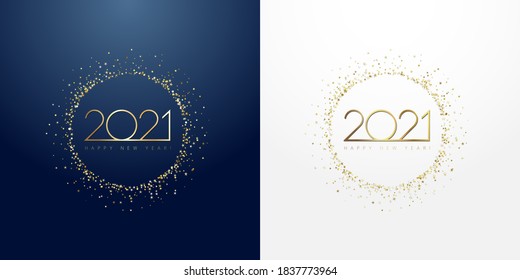 2021 in golden sparkling ring with dust glitter graphic on dark blue and white background. Happy New Year decorative glowing shiny design for award celebration