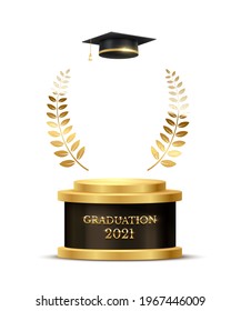2021 graduation ceremony banner. Award concept with academic hat, golden podium and laurel wreath under shining glitter on dark background