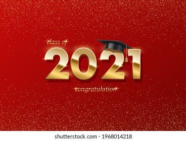 Banner der Abschlussfeier 2021. Prämienkonzept mit akademischem Hut, goldenen Zahlen und Text auf rotem Hintergrund mit goldenem Glitter