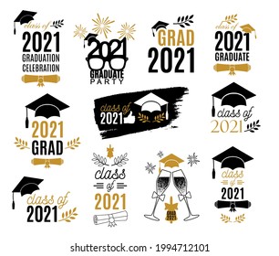 2021 graduation class of labels design set. Badges kit for shirt, print, seal, overlay, stamp, greeting card, invitation. Vector sign or logo. Multi-layer file