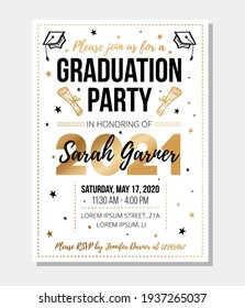 2021 graduation party invitation design template. Congratulations graduates vector illustration for banner, greeting cards, poster. Class of 2021 gold typography design with stars and doodles.