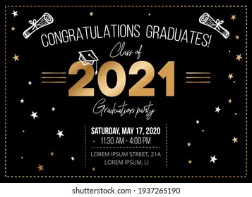 2021 Graduierung Party Einladung Design Vorlage. Herzlichen Glückwunsch Absolventen Vektorgrafik für Banner, Grußkarten, Poster. Klasse der 2021 Gold Typografie Design mit Sternen und Doodles.