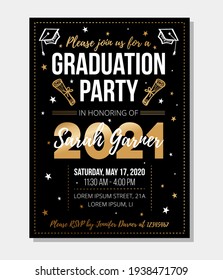 2021 graduation party invitation design template. Congratulations graduates vector illustration for banner, greeting cards, poster. Class of 2021 gold typography design with stars and doodles.