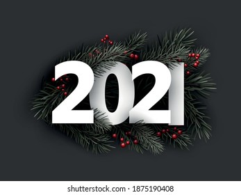 2021 ramos de abeto verde com bagas de azevinho vermelho. Fundo cinza escuro. Ilustração vetorial.