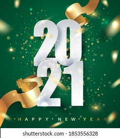 2021 green Happy New Year vector background with golden gift ribbon, confetti, white numbers. Christmas celebrate design. Festive premium concept template for holiday