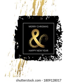 2021- greeting card with artistic typography graphics, black and gold on a white background - English text: Merry Christmas and a Happy New Year.