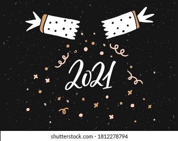 2021 greeting card design. Christmas confetti cracker and handwritten numbers. Black horizontal vector print.