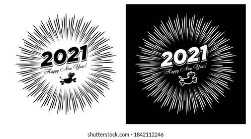 2021 greeting card with funny ox and the inscription Happy New Year! against the background of festive fireworks. Vector on transparent and black background
