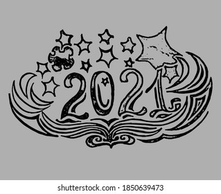 2021 greeting card. Happy New Year. Black and white illustration.