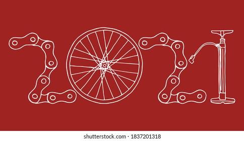 2021 Hand drawn Bicycle Happy New Year vector card illustration on white background