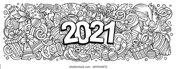 2021 hand drawn doodles horizontal illustration. New Year objects and elements poster design. Creative cartoon holidays art background. Line art vector drawing