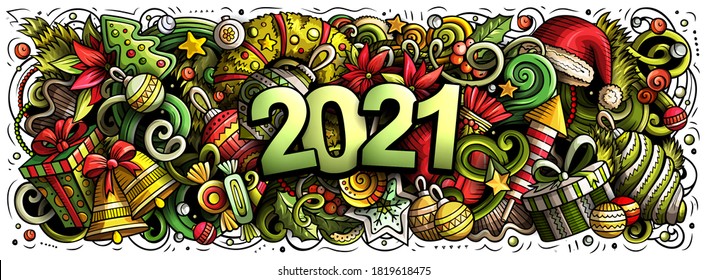 2021 hand drawn doodles horizontal illustration. New Year objects and elements poster design. Creative cartoon holidays art background. Colorful vector drawing