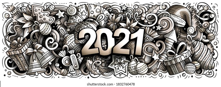 2021 hand drawn doodles horizontal illustration. New Year objects and elements poster design. Creative cartoon holidays art background. Monochrome vector drawing