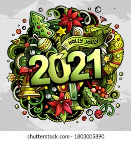 2021 hand drawn doodles illustration. New Year objects and elements poster design. Creative cartoon holidays art background. Colorful vector drawing