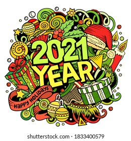 2021 hand drawn doodles illustration. New Year objects and elements poster design. Creative cartoon holidays art background. Colorful vector drawing