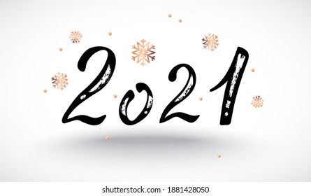2021 hand drawn lettering in a trendy elegant calligraphic style with golden shiny snow and snowflakes symbols on white background