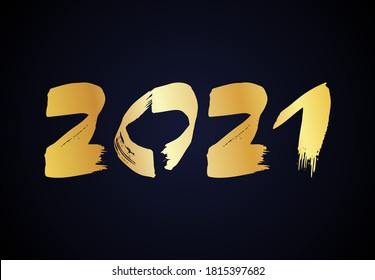 2021 hand drawn numbers. Gold grunge calligraphy lettering isolated on dark background. Happy New Year and happy holidays. Vector illustration.