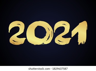 2021 hand drawn numbers. Gold grunge calligraphy lettering isolated on dark background. Happy New Year and happy holidays. Vector illustration.