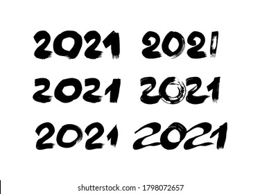 2021 hand drawn numbers. Set of six grunge calligraphy lettering in black isolated on white background. Happy New Year and happy holidays. Vector illustration.