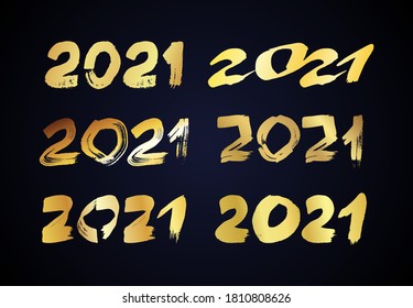 Números dibujados a mano en 2021. Conjunto de seis letras de caligrafía de grunge dorado aisladas en fondo oscuro. Feliz Año Nuevo y felices fiestas. Ilustración vectorial.