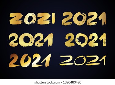 2021 hand drawn numbers. Set of six gold grunge calligraphy lettering isolated on dark background. Happy New Year and happy holidays. Vector illustration.