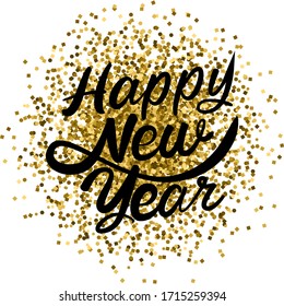 2021 hand written lettering with golden Christmas stars on a black background. Happy New Year card design. Vector illustration EPS 10 file.