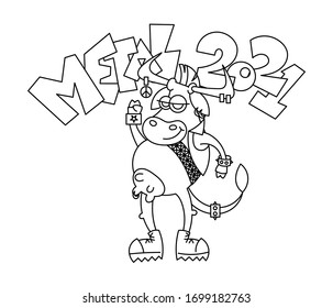 2021. Happy cartoon metal music smiling cow with mohawk hairstyle. Vector illustration of a silly cow, icon childish mascot isolated on white.
