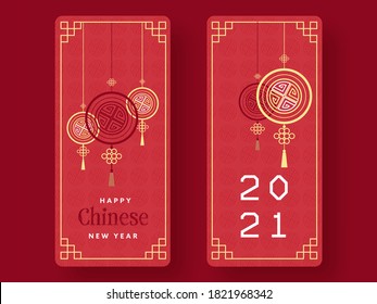 2021 Happy Chinese New Year Template or Flyer Design Decorated with Traditional Knot Pendant in Two Option.