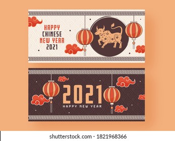 2021 Happy Chinese New Year Header or Banner Design with Semi Circle Pattern Background in Two Color Options.