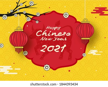 2021 Happy Chinese New Year Text With Zodiac Ox Sign, Flower Branch, Hanging Tradition Lanterns On Red And Yellow Semi Circle Pattern Background.