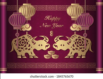 2021 Happy Chinese new year of ox golden purple reliefpeony flower lantern cloud and lattice frame on a vintage scroll.
