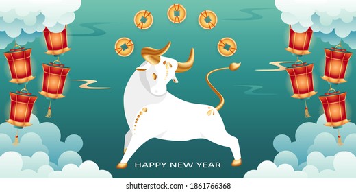 2021 Happy Chinese New Year of Bull. Eastern symbol of coming year with coins and lanterns. Lunar zodiac sign white Taurus. Ox with golden horn and hoove among by clouds. Vector stock illustration.