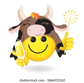 2021 Happy Chinese New Year,  Merry Christmas celebration vector symbol.  Cheerful smiling emoji, Emoticon in Cow, Ox hat, holding glass of champagne, lightning  sparkler. Isolated at white background