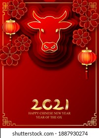 2021 Happy Chinese New Year. Design with ox and  flowers on red background. paper art style. happy ox year. Vector.