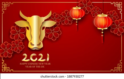 2021 Happy Chinese New Year. Design with ox and  flowers on red background. paper art style. happy ox year. Vector.