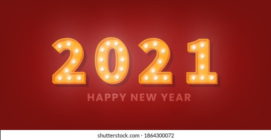 2021 Feliz Año Nuevo. 3d texto de bombilla de oro para la celebración de Año Nuevo