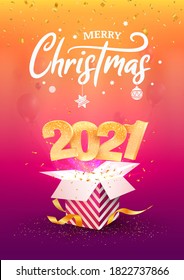 2021 Happy New Year A4 card vector illustration. Xmas celebrate on purple background. Merry Christmas celebration. Golden numbers fly out blue gift box
