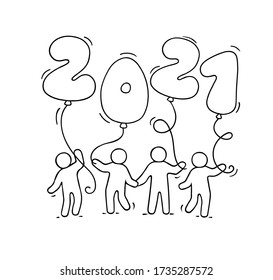 2021 Feliz Año Nuevo. Dibujo de dibujos animados con gente pequeña sosteniendo globos. Ilustración vectorial dibujada a mano para celebración.