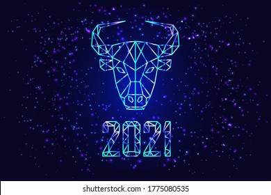 2021 happy new year background with polygonal bull.Shiny text.Greeting card invitation. Winter holidays related typographic. Vector  illustration.Horizontal Christmas posters,cards,headers, website.