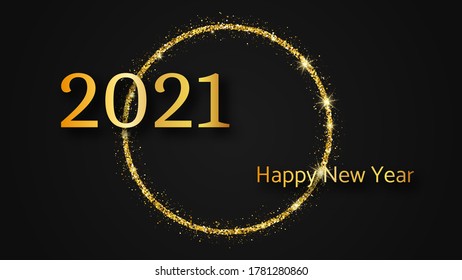 2021 Feliz Año Nuevo. Inscripción de oro en un círculo de brillantez de oro para tarjetas de felicitación, volantes o afiches navideños. Ilustración del vector