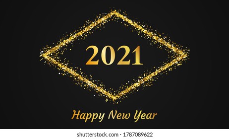 2021 Frohe Neujahrshintergrund. Goldaufschrift in einem Goldglitter-Rhombus für Weihnachtsfeiertagskarte, Flyer oder Poster. Vektorgrafik