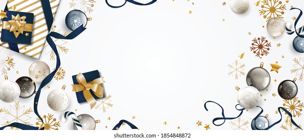 2021 Happy new year background vector. Christmas poster, Greeting cards, Website header and Banner design with sparkling, Luxury gifts box, balloon, gold confetti, snowflake and golden glitter. 
