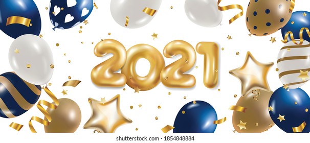 2021 Happy new year background vector. Christmas poster, Greeting cards, Website header and Banner design with sparkling, Luxury gifts box, balloon, gold confetti, snowflake and golden glitter. 
