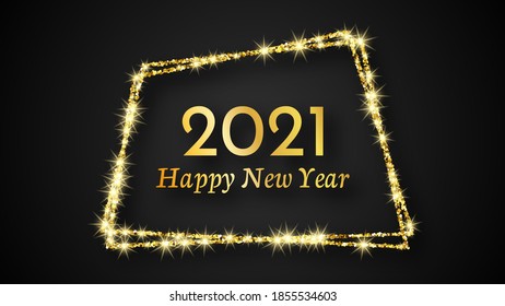 2021 Feliz Año Nuevo. Inscripción de oro en un marco de brillo dorado para tarjetas de felicitación, volantes o carteles navideños. Ilustración del vector