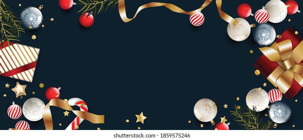 2021 Happy new year background vector. Christmas poster, Greeting cards, Website header and Banner design with sparkling, Luxury gifts box, balloon, gold confetti, snowflake and golden glitter. 