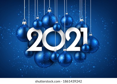 2021 Happy New Year background with Christmas balls. 2021 sign in hanging christmas balls. Celebrating winter holidays, 3d blue Xmas bauble balls hanging on ribbon. Holiday vector illustration.