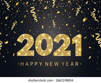 2021 Happy New Year background with gold confetti, glitter, sparkles and stars. Holiday banner with bright golden text and numbers. Luxury festive design for greeting card. Vector illustration.